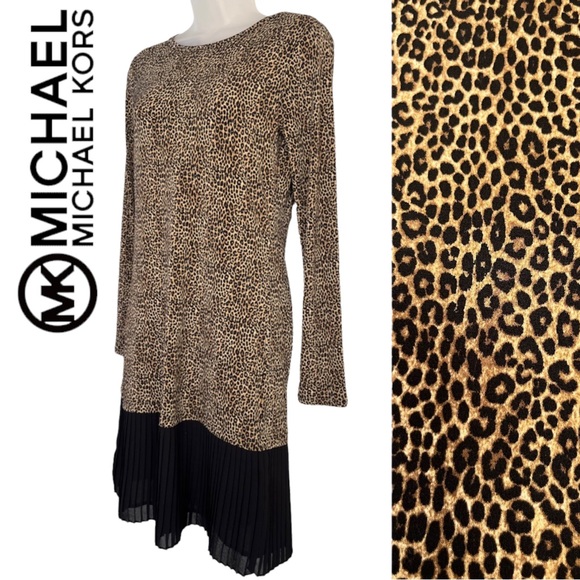 MICHAEL Michael Kors Dresses & Skirts - NWOT Michael Kors Drop Hem Leopard Long Sleeve Dress Pleated Stretchy Size XS